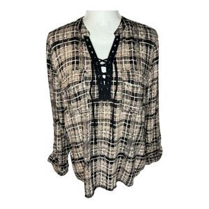 ROCK & REPUBLIC Women’s Large Tan & Black Roll Tab Long Sleeve Flowy Top